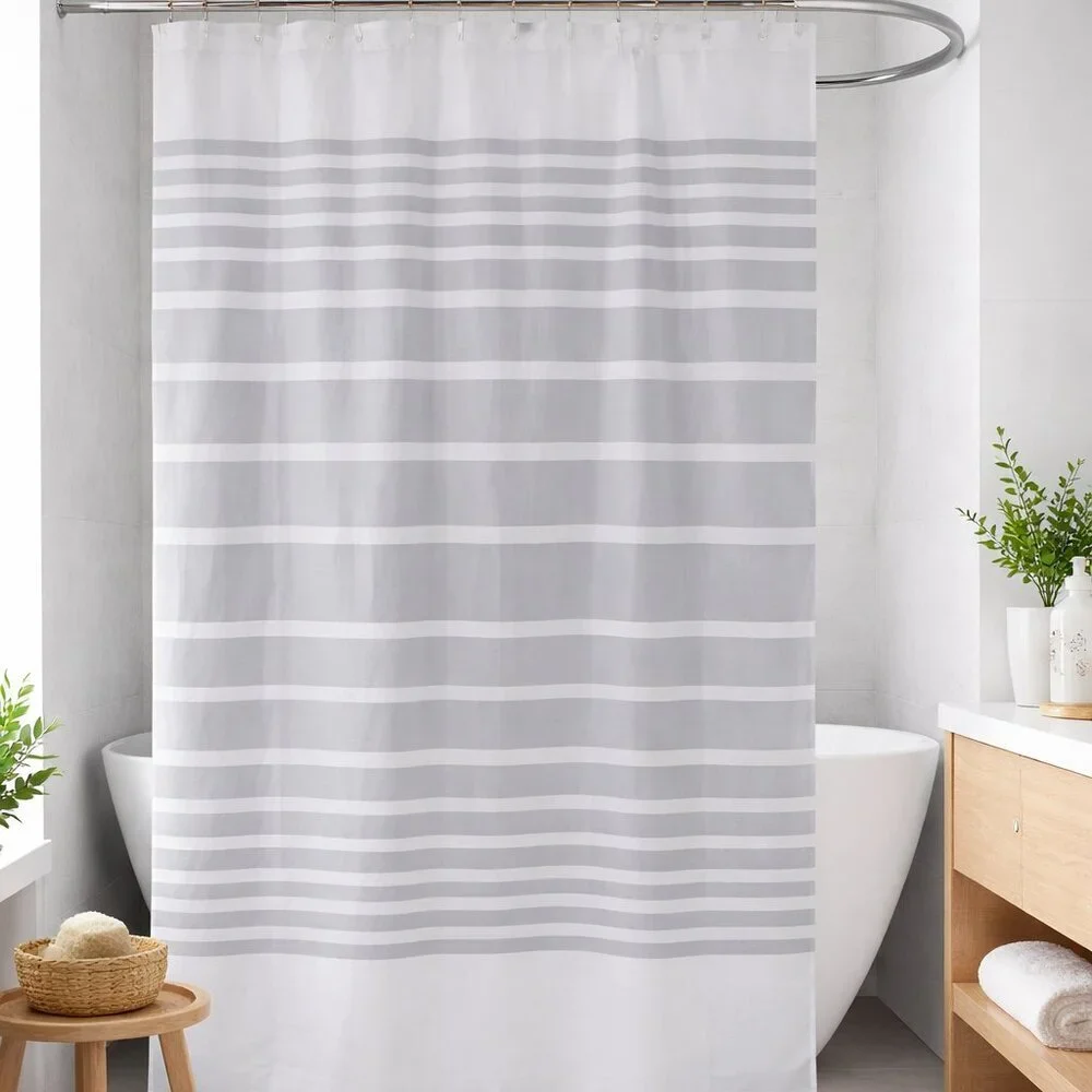 Comfort Bay 13-Piece Shower Liner Set – Gray & Clear Horizontal Stripe w 12 hook